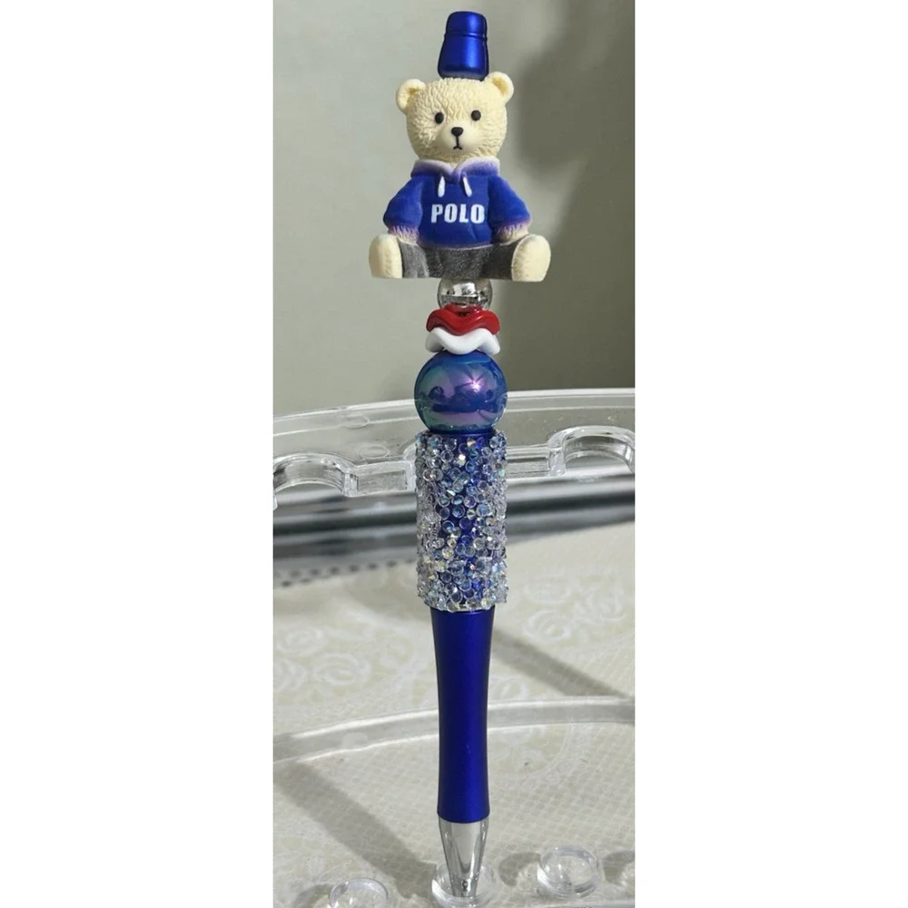 Custom Pen Baby Teddy Bear Patriotic Beaded Acrylic Black Ink Unique Handmade